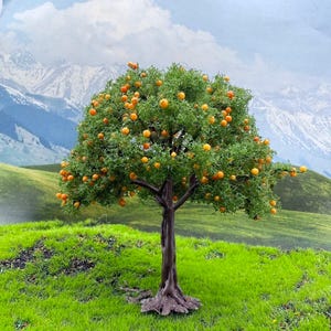 May include: A miniature orange tree with a dark brown trunk and a full canopy of green leaves and numerous orange fruits. The tree is set against a backdrop of green hills, mountains, and a cloudy sky.