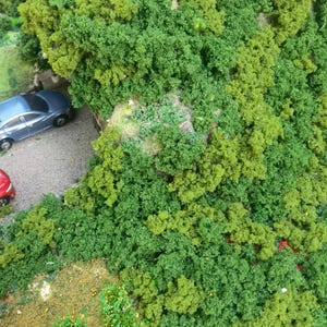 May include: A miniature model landscape featuring dense, textured greenery in varying shades of green. A small gray car is parked on a gray road, with a red car partially visible. The scene evokes a natural, outdoor environment.