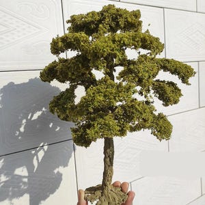 May include: A miniature model tree with a textured brown trunk and dense, green foliage. The tree is held in a person's hand, showcasing its size and detail. The tree's shadow is visible on the white tiled background.