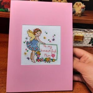 Pour ma maman, carte de voeux pour la fête des mères, brodée à la main, image de fée finie au point de croix, cadeau artisanal unique pour maman