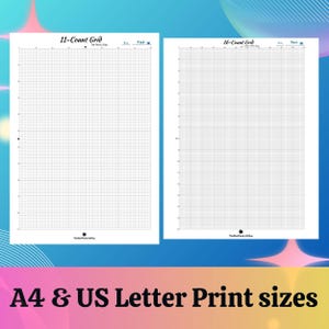 May include: Two printable grid sheets for cross stitch or other crafts. The sheets are labeled "11-Count Grid" and "16-Count Grid". The sheets are designed to be printed on A4 or US Letter size paper.