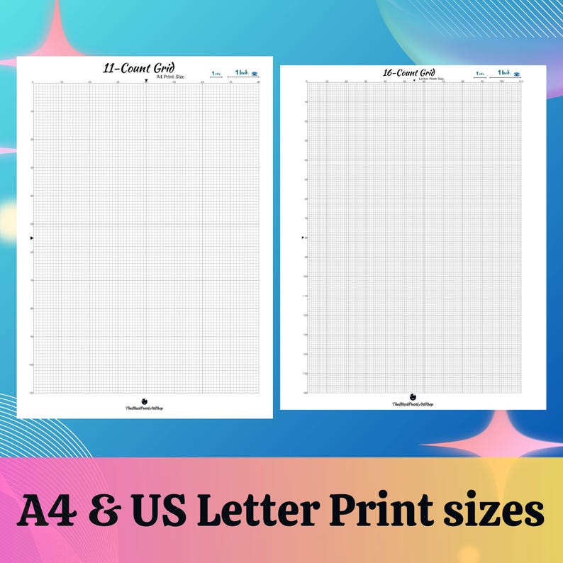 May include: Two printable grid sheets for cross stitch or other crafts. The sheets are labeled "11-Count Grid" and "16-Count Grid". The sheets are designed to be printed on A4 or US Letter size paper.
