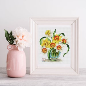 Cross-stitch Pattern Narcissus in Vase Embroidery Daffodils Cross Stitch Pattern Flower Bouquet Cross Stitch Chart, PDF Instant Download
