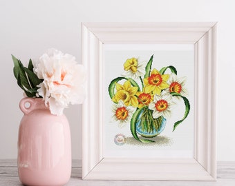 Cross-stitch Pattern Narcissus in Vase Embroidery Daffodils Cross Stitch Pattern Flower Bouquet Cross Stitch Chart, PDF Instant Download
