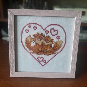 Finished Cross stitch Embroidery Picture Hand Made Framed Cross-stitch Picture Cats & Hearts Love Handcrafted Artwork Completed Home Decor