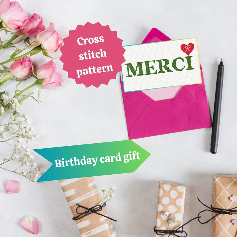 Merci Pattern Merci Cross Stitch Pattern Thank You Card Cross Stitch Pattern 3 ...