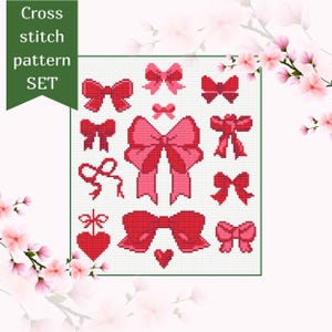 Bundle Bows Cross Stitch Pattern Bow Ribbon Embroidery Set Bow Heart Ornament Mini X Stitch Coquette Cross Stitch Pattern Instant Download
