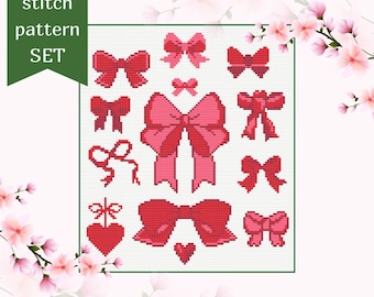 Bundle Bows Cross Stitch Pattern Bow Ribbon Embroidery Set Bow Heart Ornament Mini X Stitch Coquette Cross Stitch Pattern Instant Download
