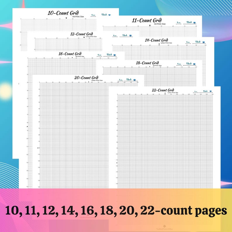 May include: A set of printable grid pages for cross stitch, needlepoint, or other crafts. The pages are labeled with the count, from 10 to 22.