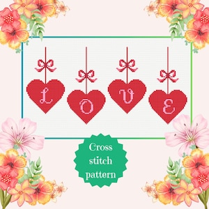 Heart with Bow Cross Stitch Pattern Love Valentine&#39;s Day Embroidery Heart Ribbon Ornament Modern Mother&#39;s Day Gift Instant Download PDF