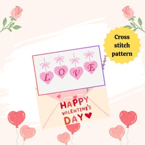 Love Cross Stitch Pattern Heart w/ Bow Embroidery Ribbon Heart Ornament Romantic Valentine&#39;s Day Cross Stitch Pattern Instant Download PDF