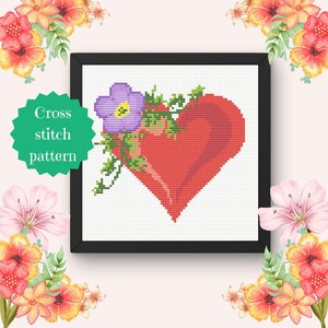 Padrão de ponto cruz de coração floral presente de dia dos namorados bordado ornamento de coração de amor violeta padrão de ponto cruz bordado download instantâneo