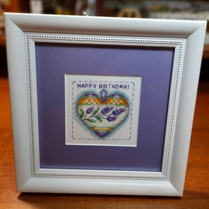 Finished Cross-stitch Embroidery Picture Handmade Framed Cross stitched Picture Purple Heart Happy Birthday Handcrafted Home Decor Artwork