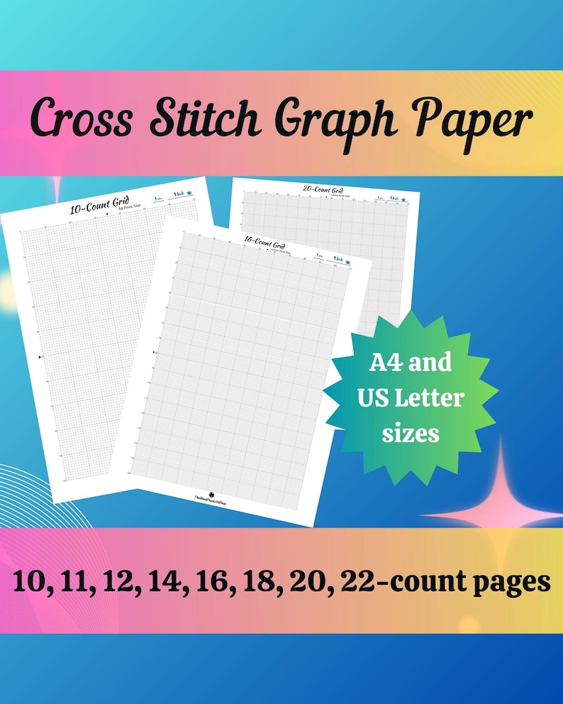 Printable Cross Stitch Graph Paper, Canvas Counts 10, 11, 12, 14, 16, 18, 20, 22 - A4 & US Letter Size, Printable Grid, PDF Instant Download image 1