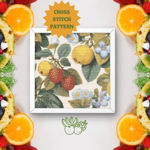 Puede incluir: Patrón de punto de cruz con un fondo blanco y una ilustración colorida de frutas y flores. El patrón incluye manzanas, fresas, arándanos y flores en tonos de azul, amarillo, verde y rojo. El texto "CROSS STITCH PATTERN" se muestra en una estrella amarilla.