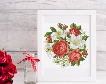 Cross-stitch Pattern Embroidery Roses & Lilies Flower Bouquet on White Background Counted Cross Stitch Chart, PDF Pattern Instant Download