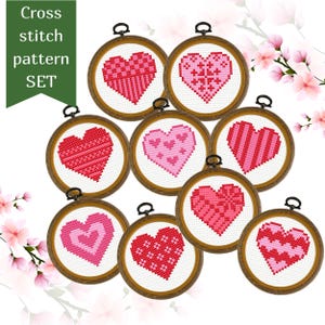 Rot Rosa Herz Kreuzstichmuster Set 9 Herzen Valentinstag Stickerei Moderne kleine Herzen Geburtstagskarte Kreuzstichmuster PDF