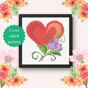 Coração floral com violetas Padrão de ponto cruz Bordado de dia dos namorados Ornamento de amor moderno Presente de dia das mães Needlecraft Download instantâneo