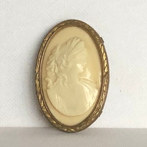 SALE Antique Celluloid Cameo Brooch old plastic cameo young beautiful woman carved 2 D collectible rare lapel pin period piece