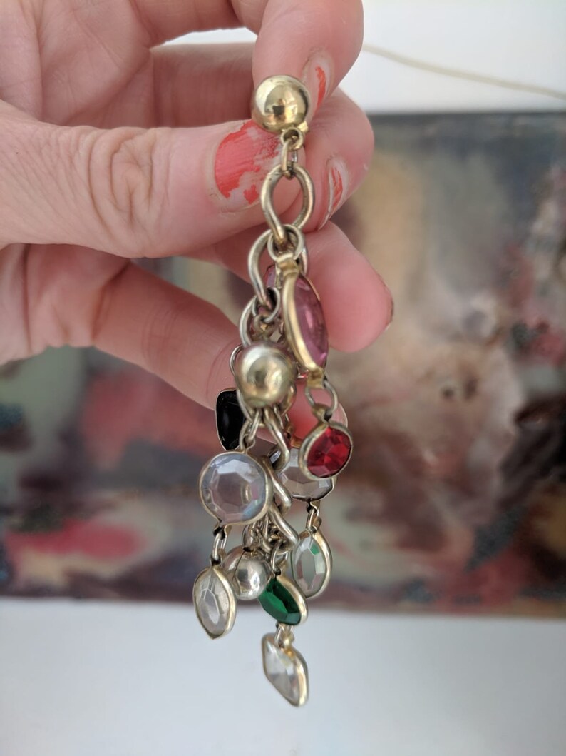 Amazing Rare 90s super long dangle earrings gold toned multi coloured earrings multi colour club kid raver urban hipster