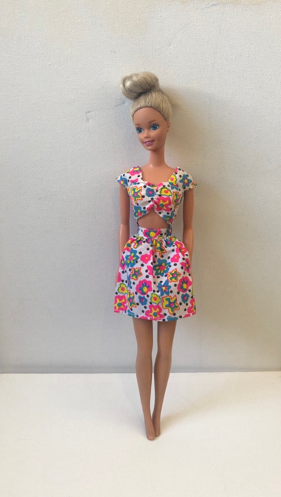 Vintage Barbie Brand Dress Summer Dress Doll Clothing Collectible Rare  Flowered Bright Pink Blue Yellow White Retro Cut Out Front 