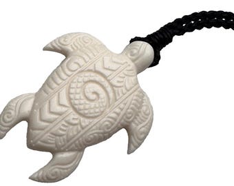 Buffalo Bone Turtle Necklace w/ Tribal Carving
