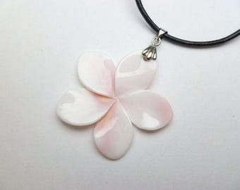 Pink Conch Shell Plumeria w/ Leather Necklace