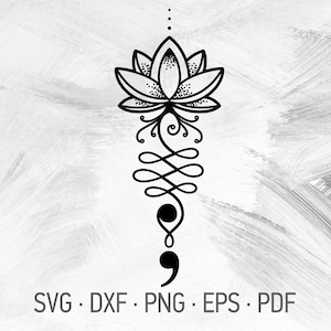 File di taglio Cricut SVG con punto e virgola di loto, fiore di loto Unalome e simbolo di prevenzione del suicidio della depressione con punto e virgola [svg dxf png eps pdf]