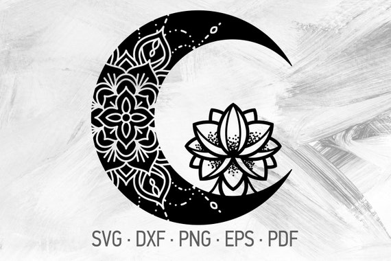 Download Svg Dxf Png Eps Pdf Buddhist Tattoo Symbol Crystal Moon Mandala Svg Cricut Cut Files Crescent Moon Lotus Flower Design With Sparkles Clip Art Art Collectibles