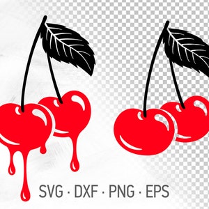 Dripping Cherry Tattoo Design Sweet Fruit Lover Shirt Design Clipart Black And White Cherries SVG DXF PNG Cut Files