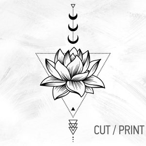 Sacred Geometry Lotus SVG Cricut Cut Files, Unalome Lotus Tattoo Design, Sternum Tattoo Buddhist Symbol [svg dxf png eps pdf]