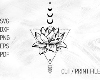 Sacred Geometry Lotus SVG Cricut Cut Files, Unalome Lotus Tattoo Design, Sternum Tattoo Buddhist Symbol [svg dxf png eps pdf]