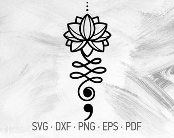 Semicolon Lotus SVG Cricut Cut Files, Unalome Lotus Depression Suicide Awareness Prevention Symbol [svg dxf png eps pdf]