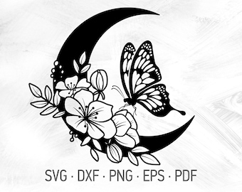 Moon Wildflowers & Butterfly SVG Cricut Cut Files, Magical Crescent Moon Spiritual Symbol Shirt Design [svg dxf png eps pdf]