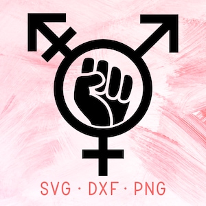 Transgender SVG DXF PNG Plotterdatei, Lgbtq+ Gleichstellung Zeichen T-Shirt Design, Trans Gender Symbol mit feministischer erhabener Faust Clipart