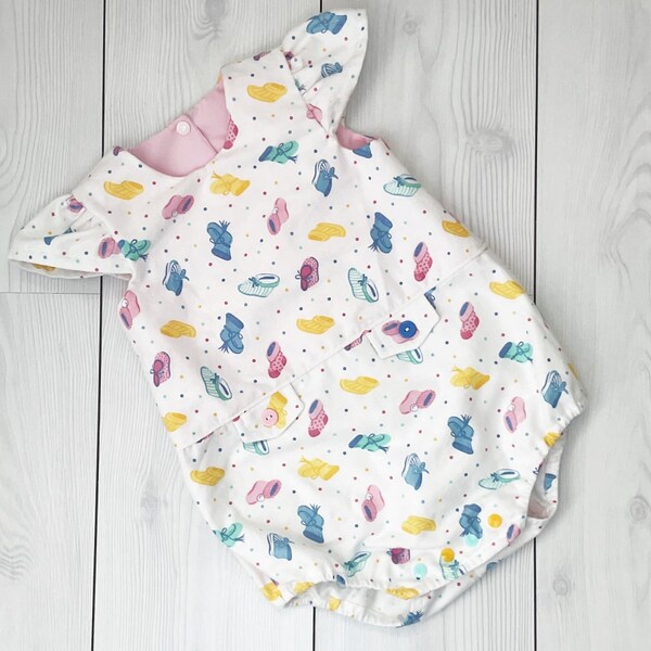 soft baby romper, baby girls white romper, colourful boots print, girls all in one, romper with flutter sleeves