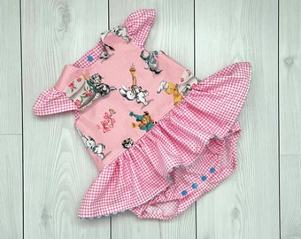 pagliaccetto rosa per bambina con gonna, pagliaccetto carino per bambina con animali, pagliaccetto per bambina, graziosi vestiti per neonati, vestito a quadretti rosa