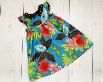 Tropical 3 year old dress, girls summer dress with flutter sleeves and collar, bright kids dress with flowers and birds