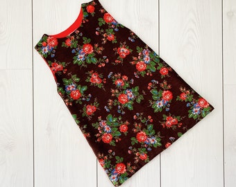 vestito per bambine, vestito scamiciato in velluto a coste, stampa floreale vintage, vestito per bambini Cath Kidston, vestiti autunnali per bambine, vestito marrone per bambine