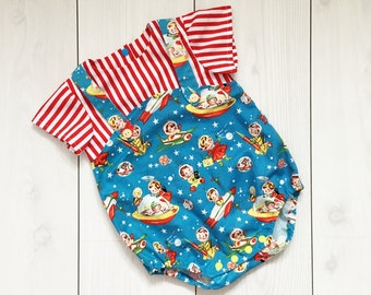 Funky boys romper, vestito retrò per bambini, baby space romper, unico baby boy romper, vestiti blu per ragazzi, baby romper a righe rosse