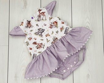 Pagliaccetto per bambina con gonna, simpatico pagliaccetto per animali, pagliaccetto a quadretti viola, pagliaccetto per ragazze con maniche svolazzanti, vestiti per animali per bambini