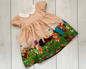 Vestito con animali musicali, grazioso vestito per bambine, vestito color pesca con colletto, vestito per bambini con maniche corte a sbuffo, vestito da festa per neonati