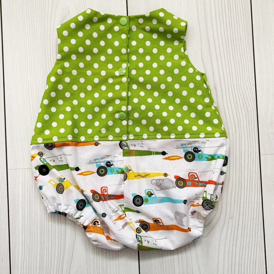 Short baby boy romper with racing cars green baby boy romper Etsy