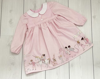 Pink girls dress, children and baby dress, long sleeve dress with collar, magical print