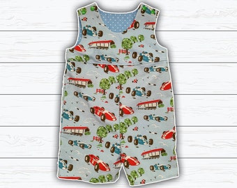 Boys racing car romper, boys jon jons, short overalls, Cath Kidston, blue daytime romper