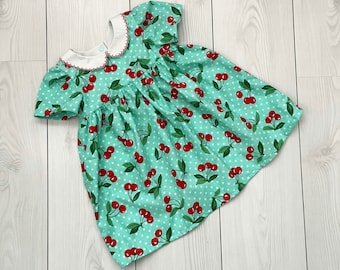 vestito ciliegia per ragazze, vestito verde menta per bambini, vestito a maniche corte con colletto per ragazze, vestito tradizionale per bambini, vestiti estivi per ragazze