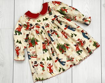 Vestito natalizio retrò per bambine, completo da festa in cotone a maniche lunghe