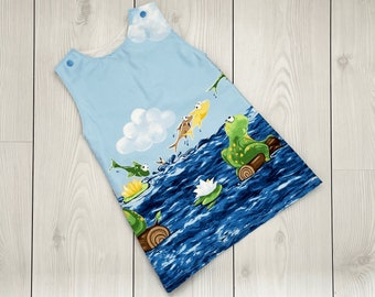 Girls water animals dress, girls a-line dress, blue kids pinafore dress, dress with frogs and fish, girls summer dress, sleeveless dress