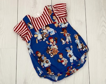 baby vintage romper, ragazzi baseball romper, outfit unico per ragazzi, salopette blu