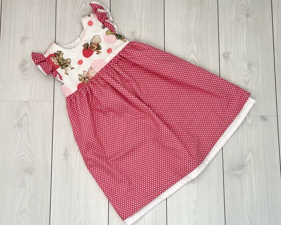 Pink Girls Dress with Sash, Fairy Dress with Flutter Sleeves, Polka Dot Dress